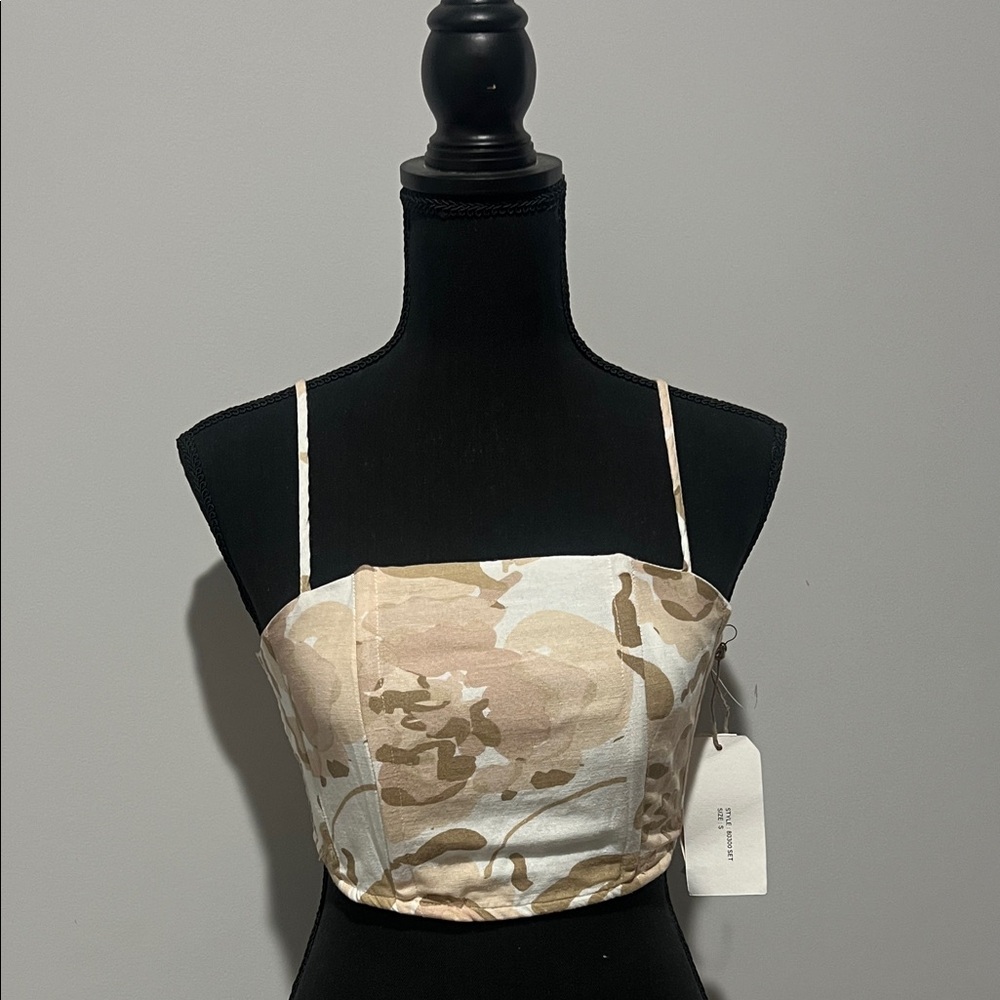 Beige & Tan Linen Camouflage Crop Top and Pants Set